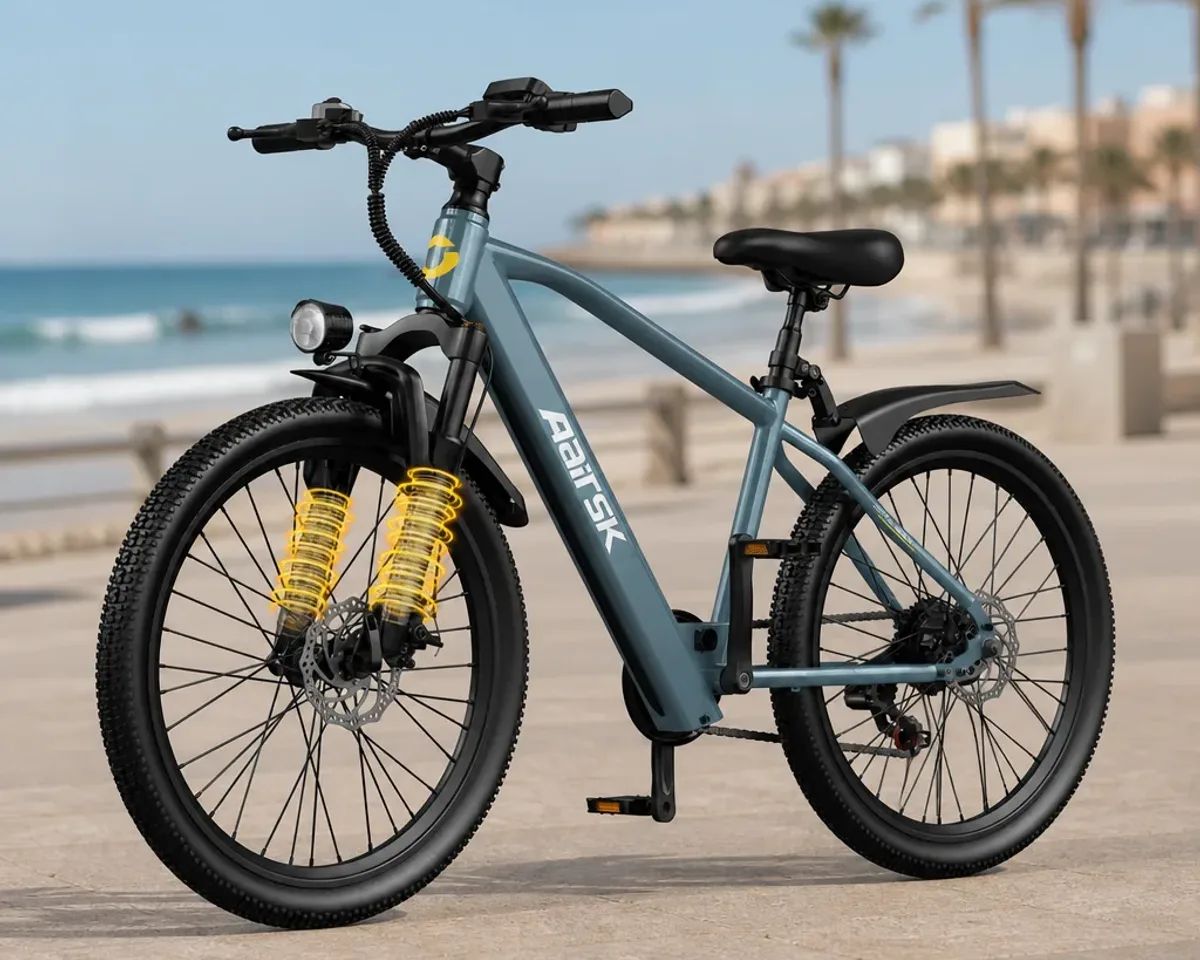 AAIRSK GT300 mountain electric bike on a UK trail showing front suspension and battery