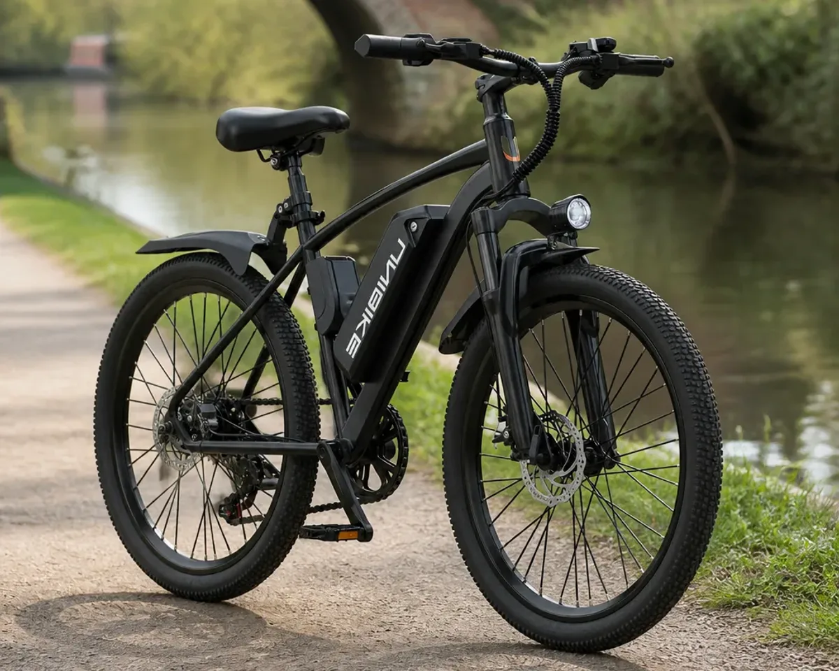 AAIRSK Q7 step-through electric bike parked on a UK city street with mudguards and rear rack visible