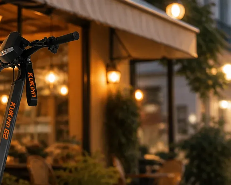 Kukirin electric scooter parked on UK pavement with a question mark about road legality