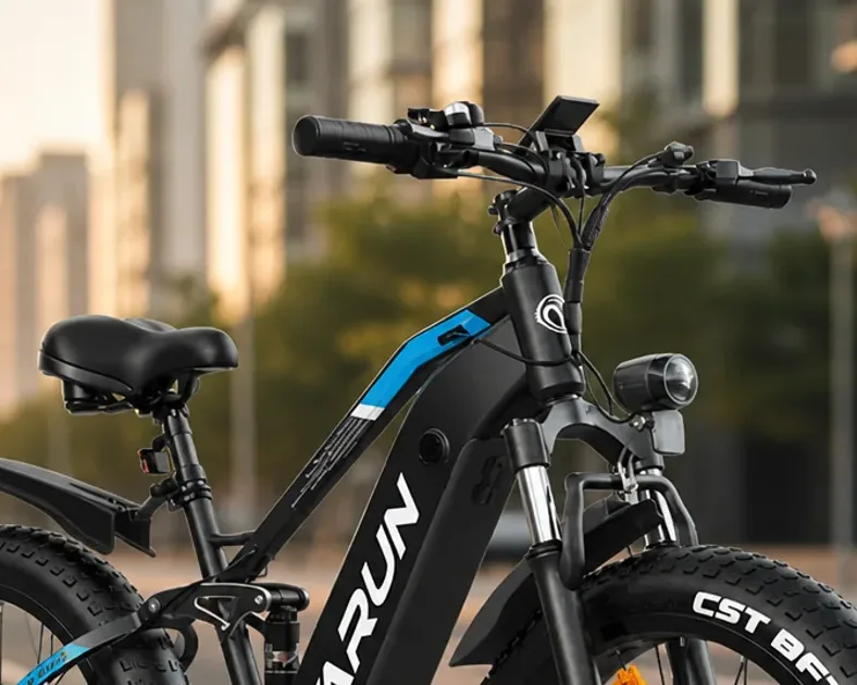 A row of Varun electric bikes displayed in a UK bike shop, showing fat tyre, folding and city models side by side.