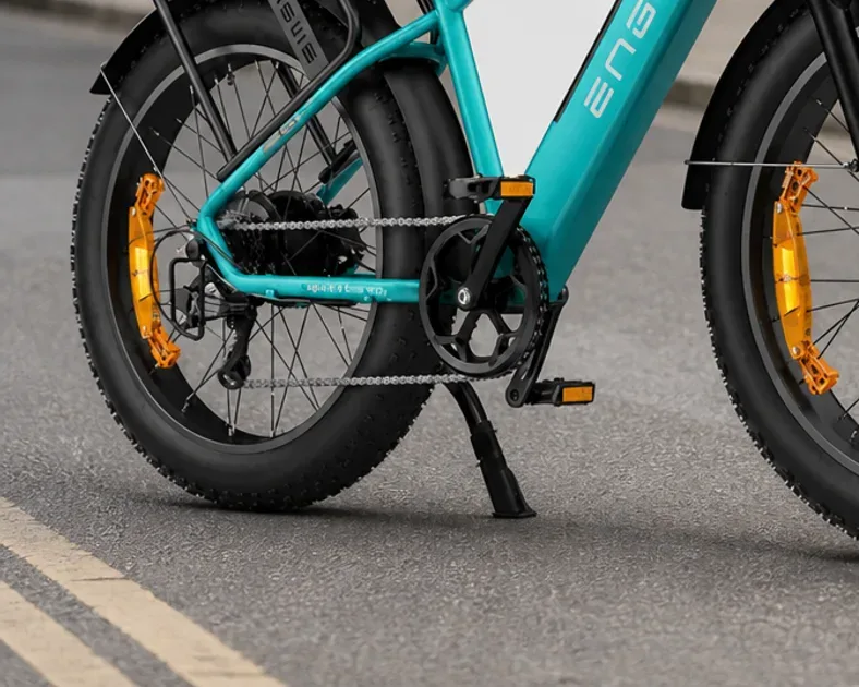 Engwe E26 fat tyre electric bike standing on a gravel path in the UK
