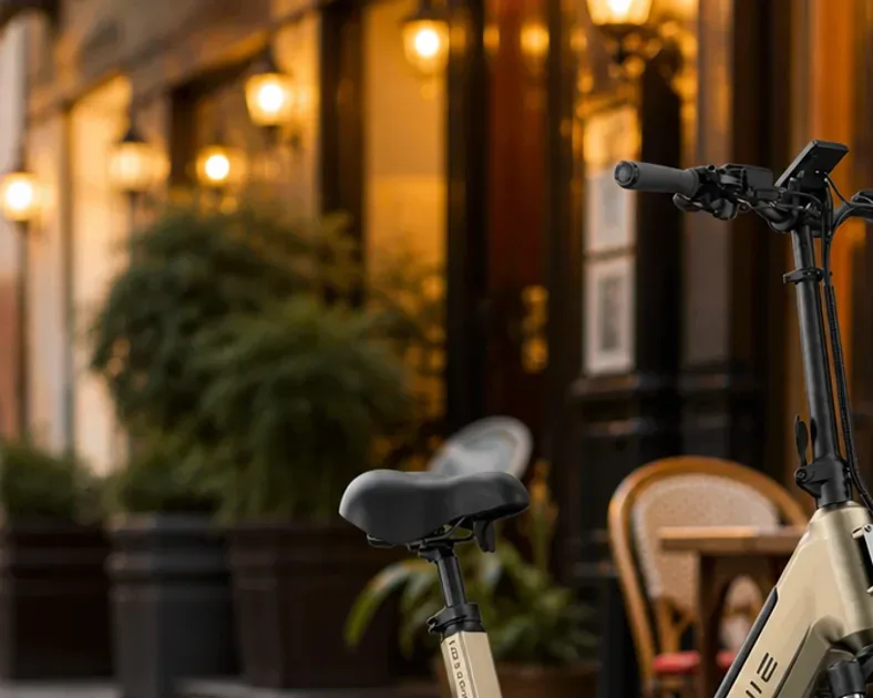 Engwe electric bike parked on a UK street with battery and frame clearly visible