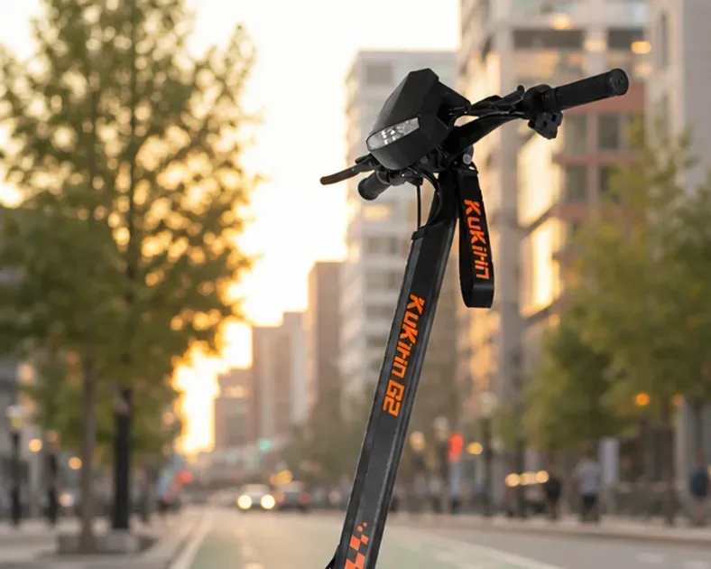 Kukirin electric scooter parked on a quiet UK path with helmet on the handlebar