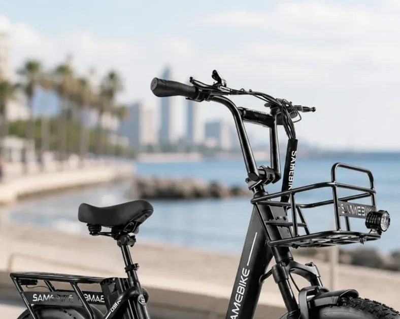 Samebike C05 Pro step-through folding fat tyre electric bike shown against a city backdrop.