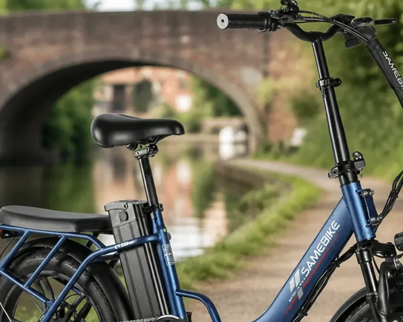 Samebike CY20 and CY20 PRO folding electric bikes side by side in a city setting