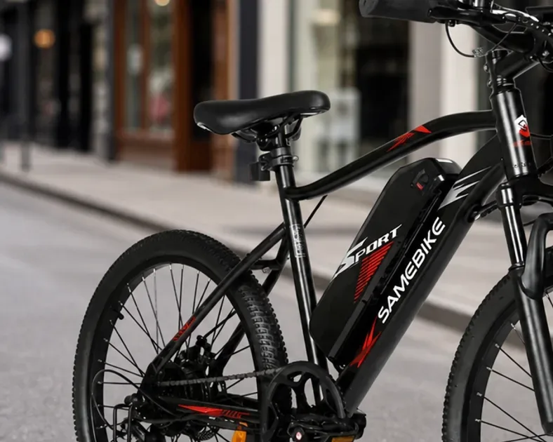 Samebike EBE2 electric mountain bike on a gravel path in the UK countryside