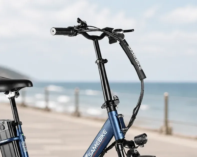 Samebike electric bike parked outside a UK bike shop with spare parts and tools on a workbench