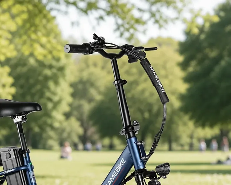 Samebike electric folding bike parked on a UK city street with a commuter rider nearby.