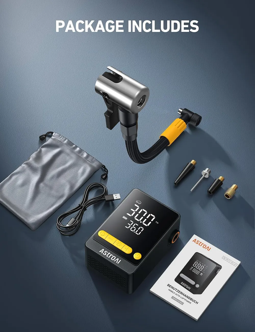 Portable handheld device inflating a car tyre with digital pressure display.