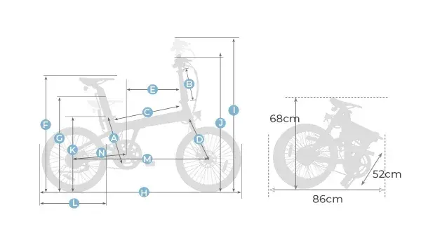 ADO AIR 20 electric bike full side view, blue frame, folded pedals, city background