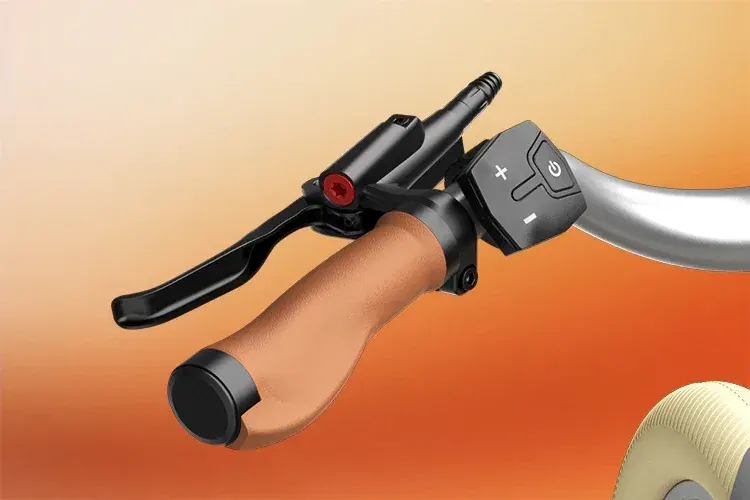 ADO Air 28 hydraulic disc brake caliper and rotor on front wheel, with tire tread detail.