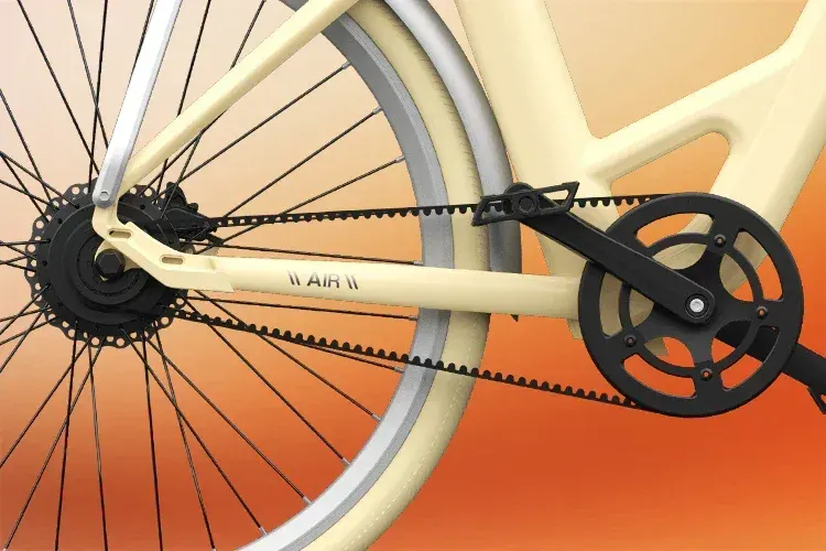 ADO Air 28 folded for storage, compact size with pedals folded and frame locked.