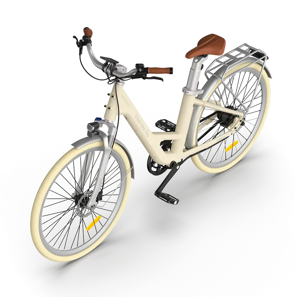 ADO Air 28 Pro in latte color, parked with adjustable front suspension visible