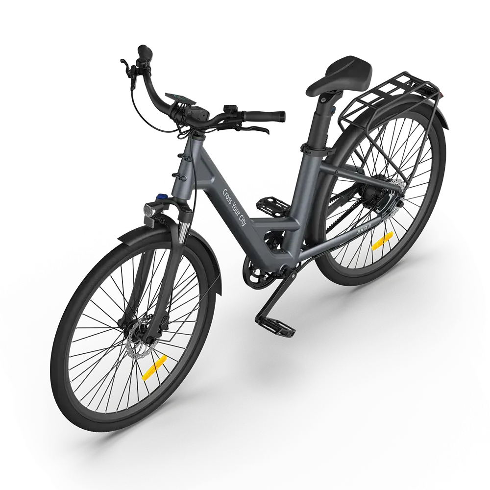 Rider commuting on ADO Air 28 Pro, with automatic sensor headlight on