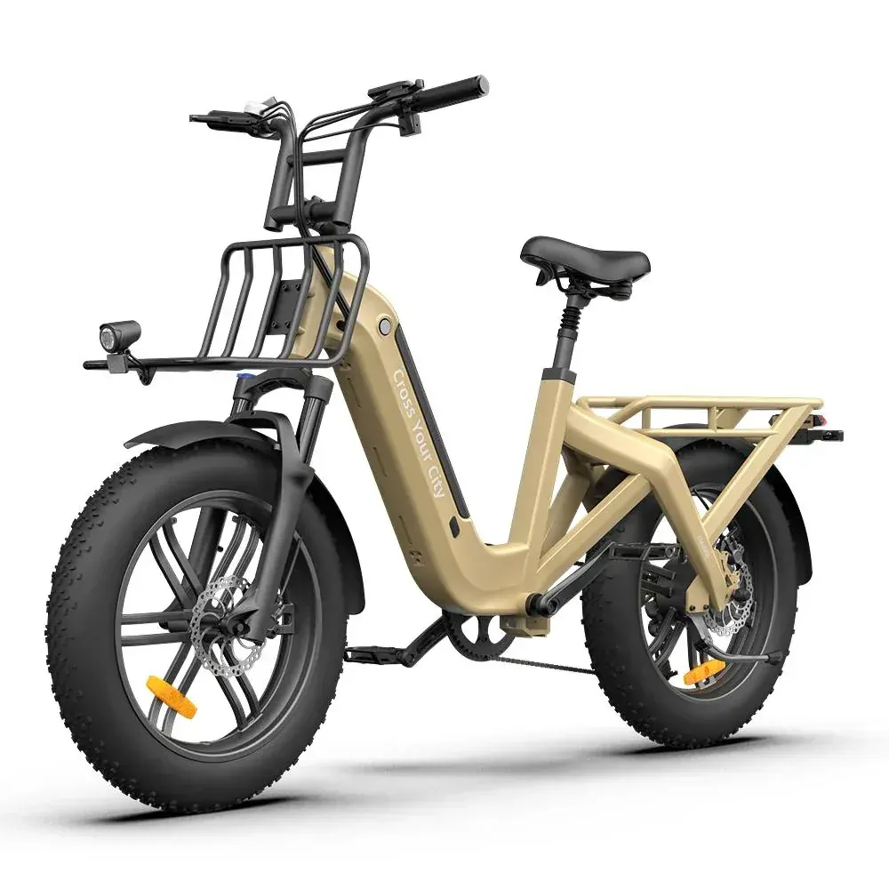 ADO Oasis One e-bike parked on city street, rider mounting with one foot on pedal.