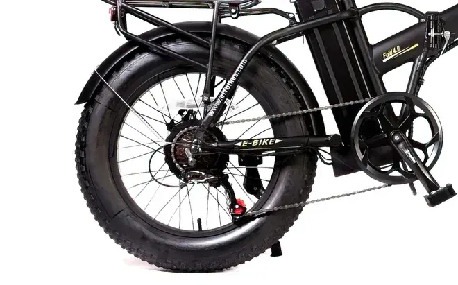 Allegro TDL6125 folding e-bike in full side view, black frame with fat tires and front suspension.