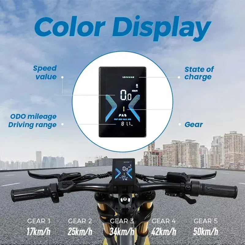 The ChamRider DH420's central LCD display showing speed, battery level, and gear selection.