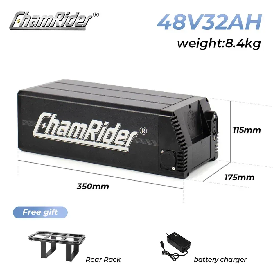ChamRider DT450 dual battery setup with removable 50Ah packs for extended range.