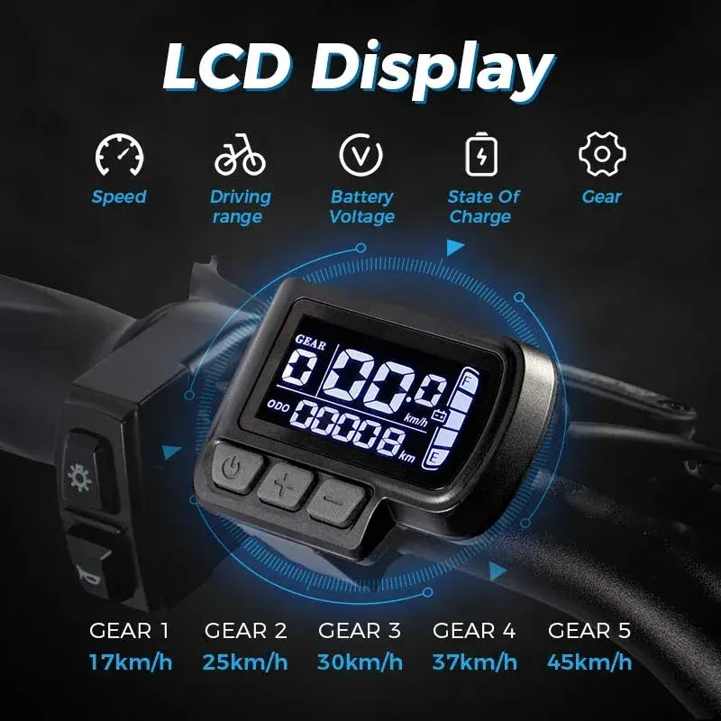 ChamRider DTS425 handlebar with LCD display, horn, and gear shifter.