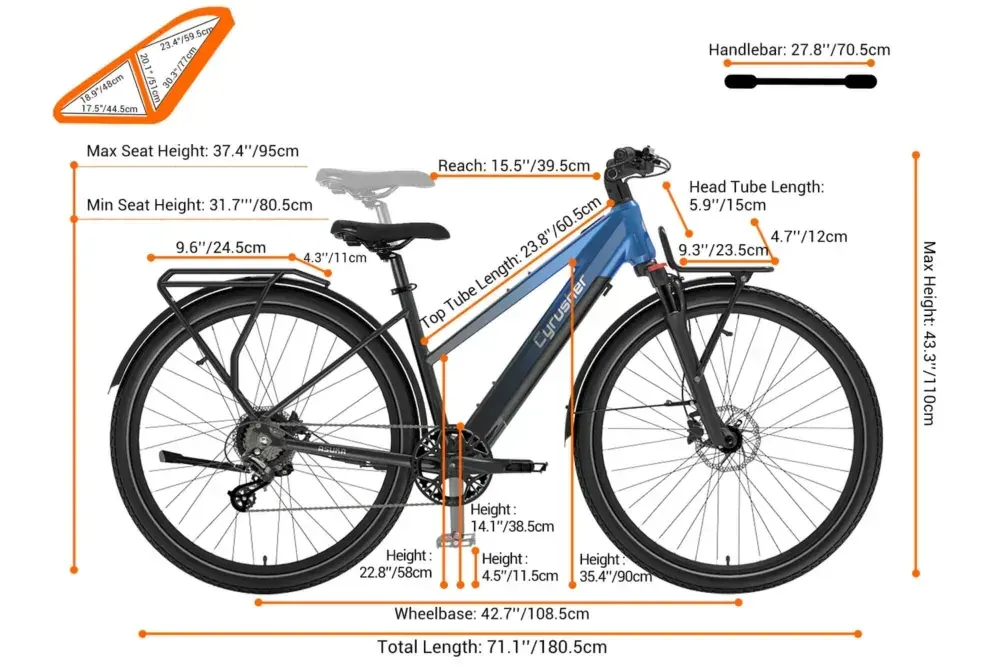 Cyrusher Asuka trekking e-bike in black, full side view with step-thru frame and rack.
