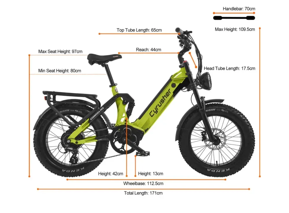 Cyrusher Kommoda Pro step-through electric bike in blue, full side view with fat tires and rear rack.