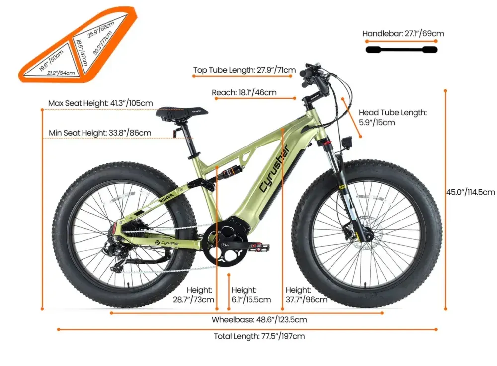 Cyrusher Rover full suspension e-bike in black, side view on a dirt trail