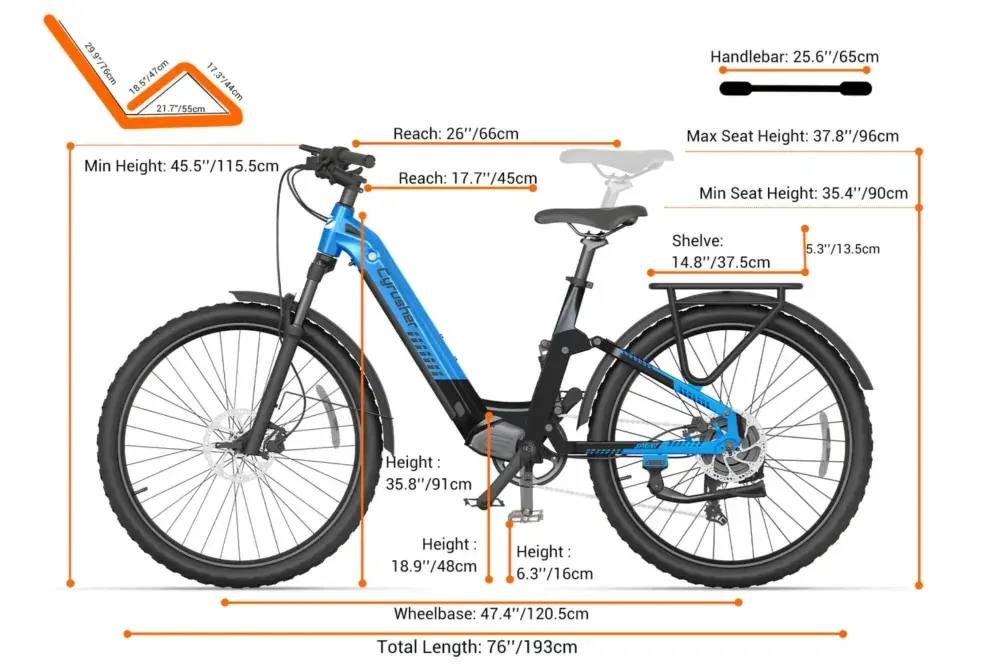 Cyrusher Sprint electric city bike in blue, full side view on a clean urban street.