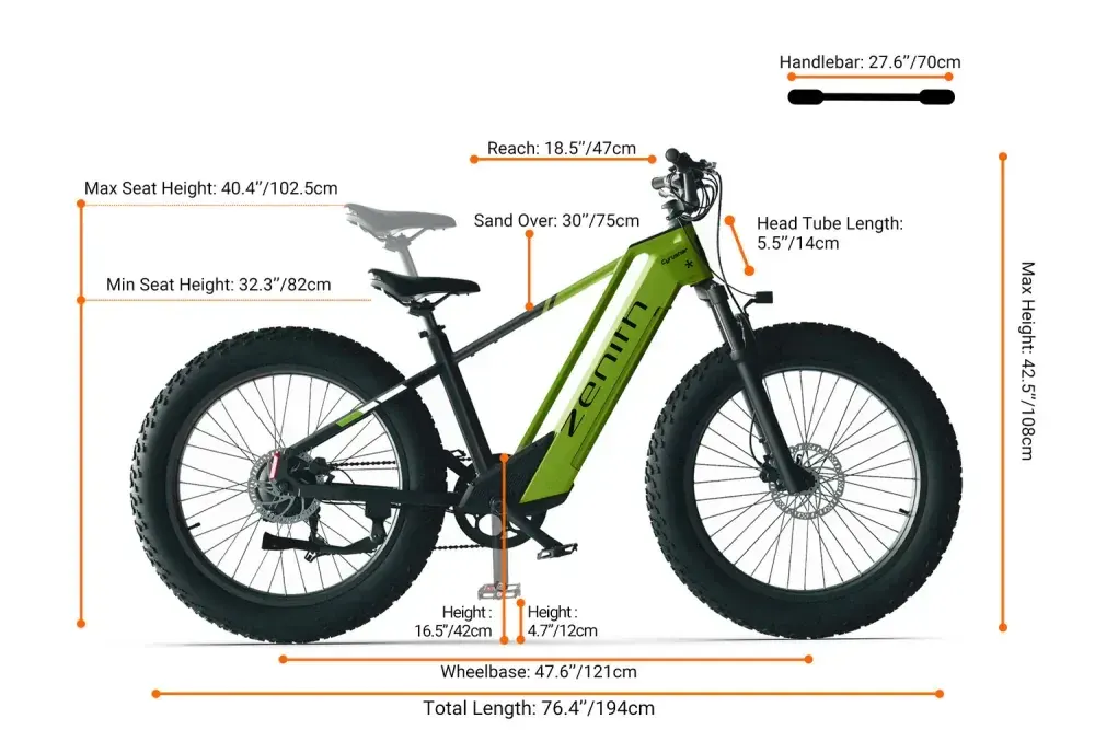 Cyrusher Zenith electric bike in green, full side view with fat tires and step-over frame.