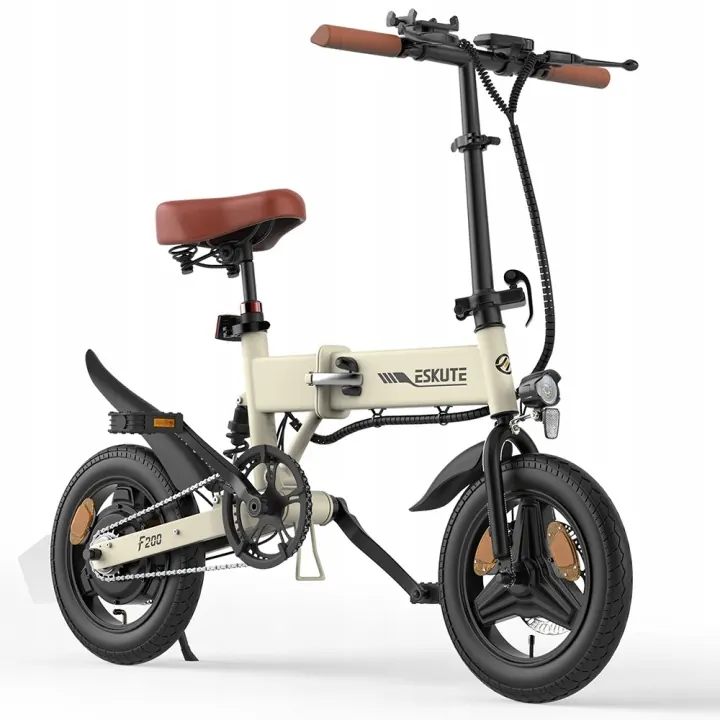 Eskute F200 e-bike in beige aluminium frame, folded for compact storage