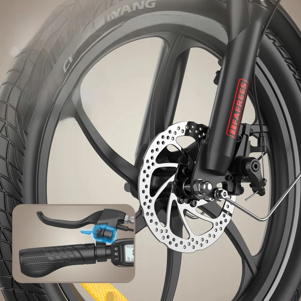 Fafrees F20+ mechanical disc brakes for reliable stopping power.