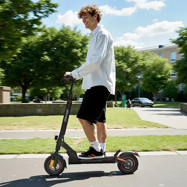 Rider seated on the Ienyrid M4 Pro S+ Max electric scooter on a gravel off-road trail