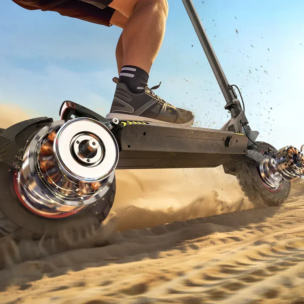iScooter iX7Pro rider climbing a gravel trail using dual motor all terrain power