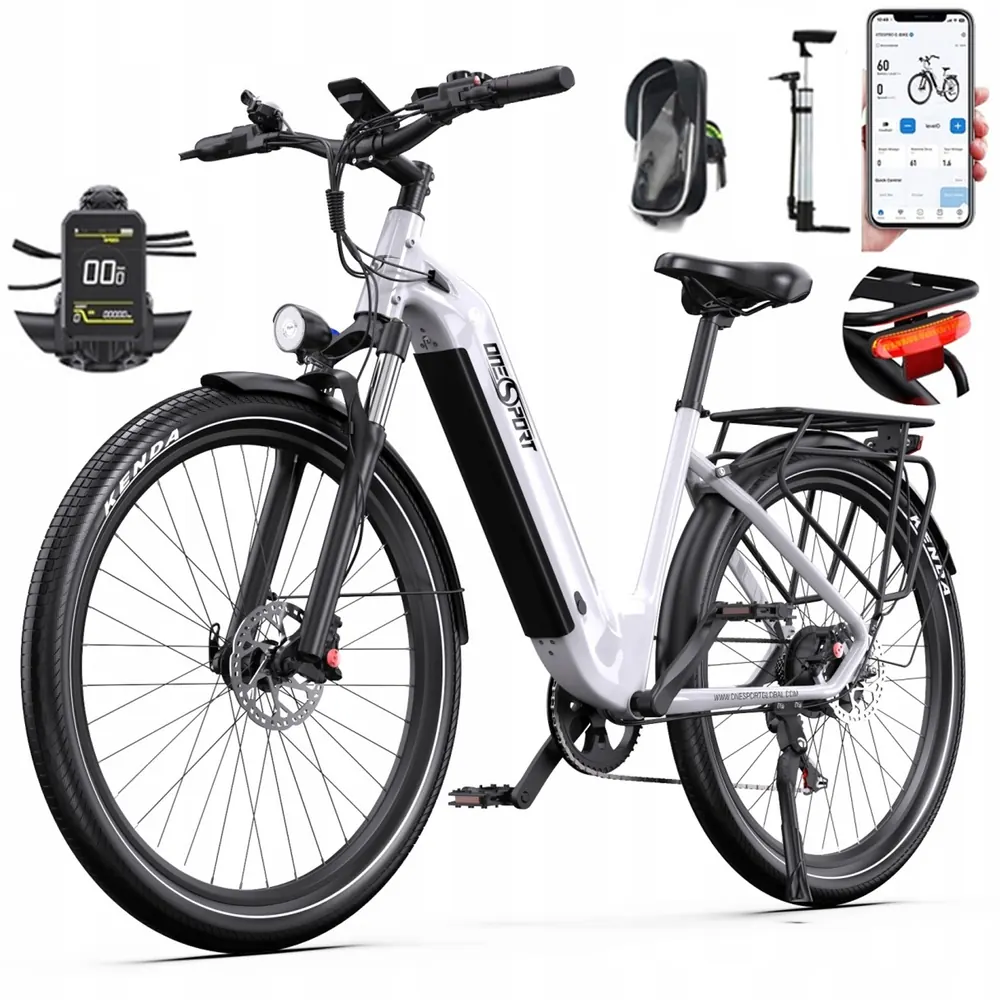 Onesport OT05 e-bike white frame with 27.5 inch wheels and 25km/h speed