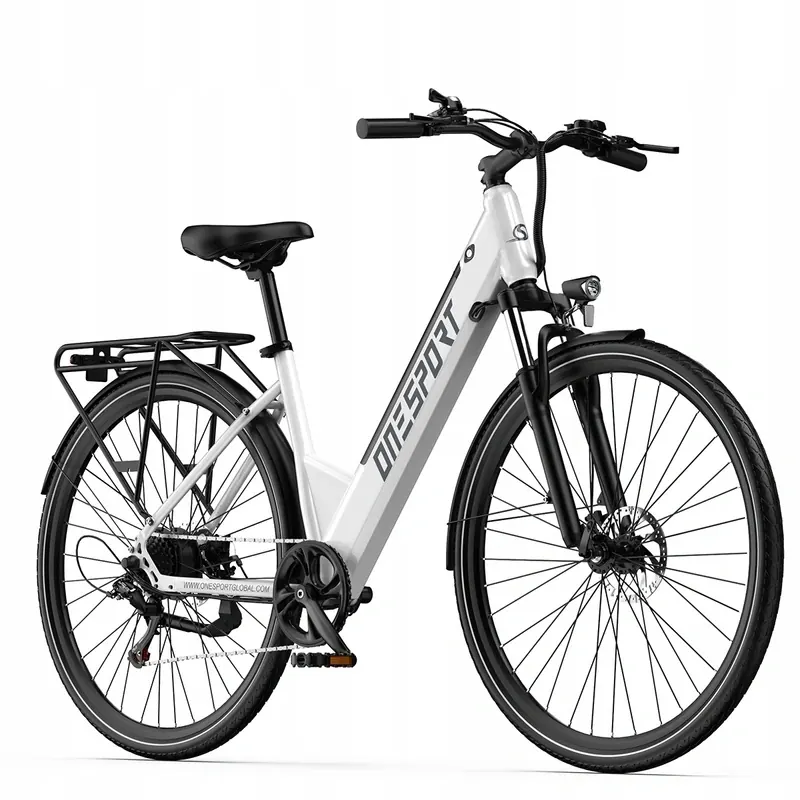 ONESPORT OT12 white electric city bike with step-through frame and basket