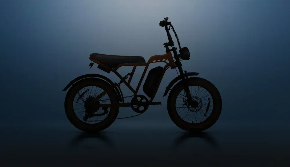 PVY A20 orange model on a woodland trail, with rider and suspension fork compressing.