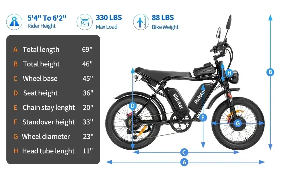 Ridstar Q20Pro electric bike in full side view, black fat tires, dual suspension, and front headlight.