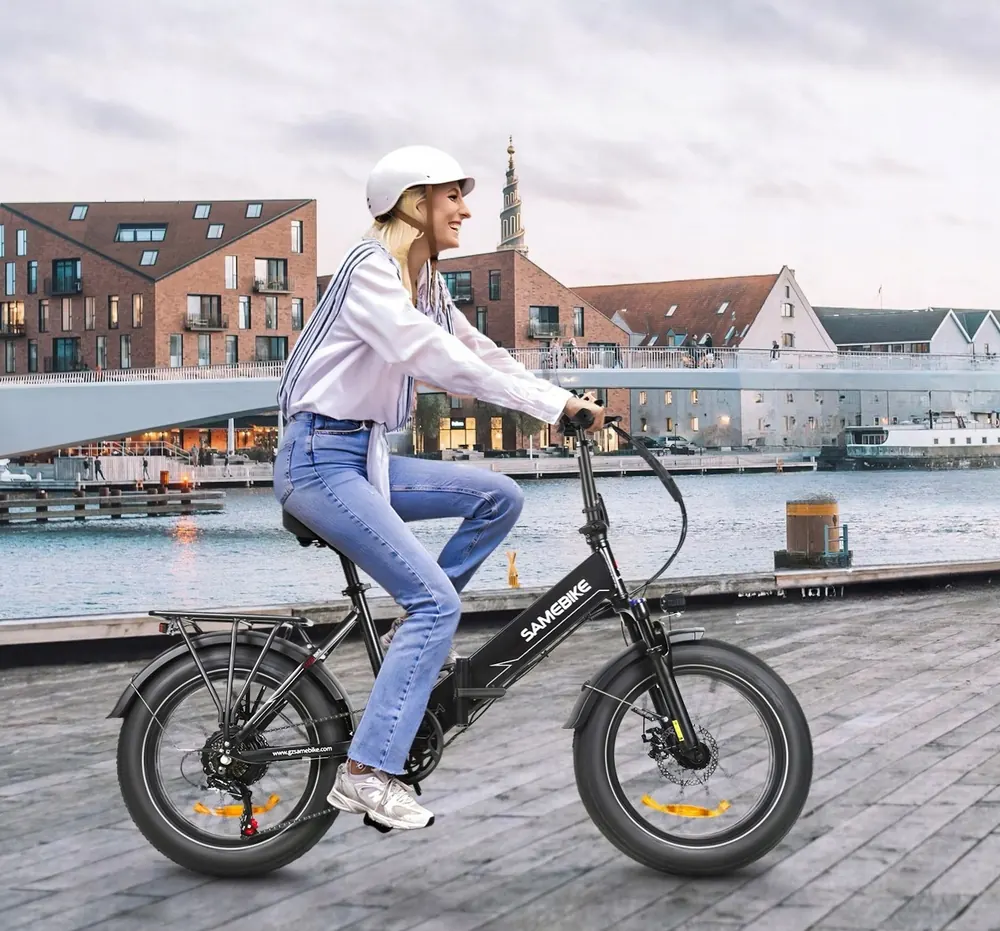 SAMEBIKE brand logo on LOTDM200-II electric city bike with NFC and pannier bag