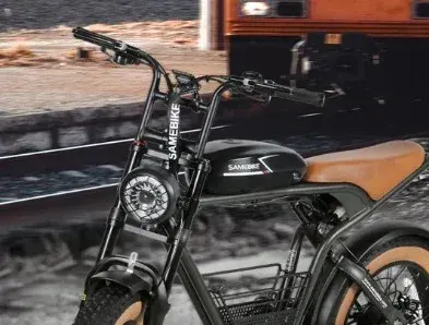 Samebike M20 rear suspension and Shimano 7-speed gear system detail.