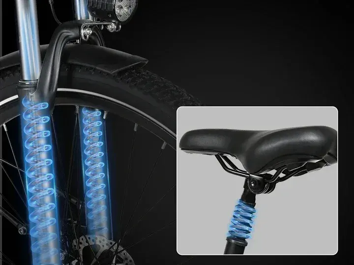 Samebike RS-A01 Pro-T front suspension fork and knobby tire detail.
