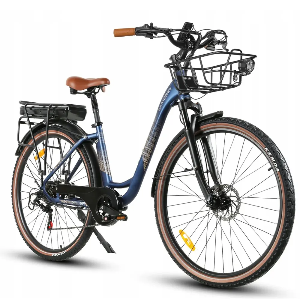 Samebike RS-A07 electric bike in blue, unisex step-through frame.