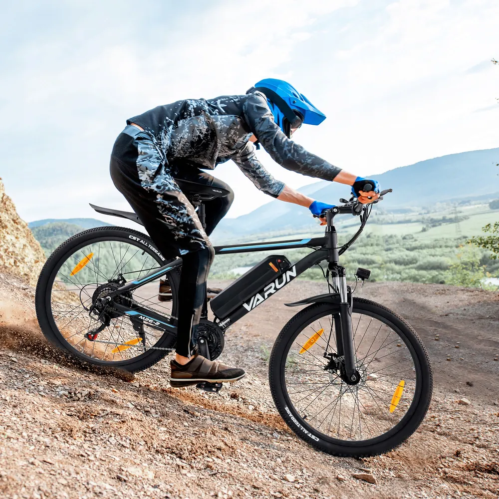Red VARUN 250W 26 inch electric mountain bike with 48V battery