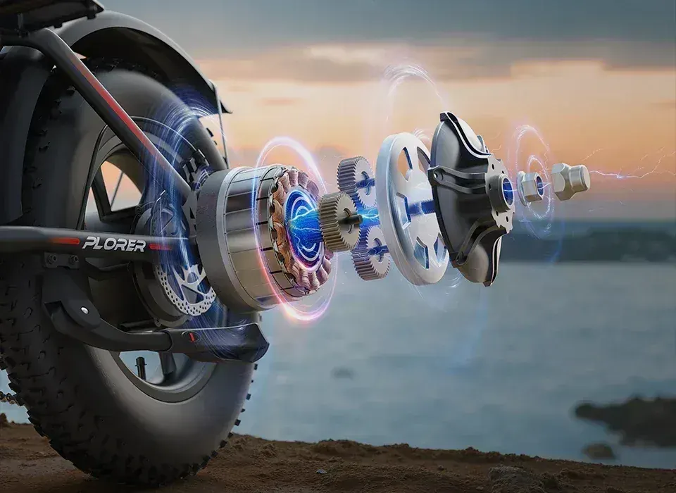 Varun PLORER e-bike motor close-up showing 250W brushless hub motor.