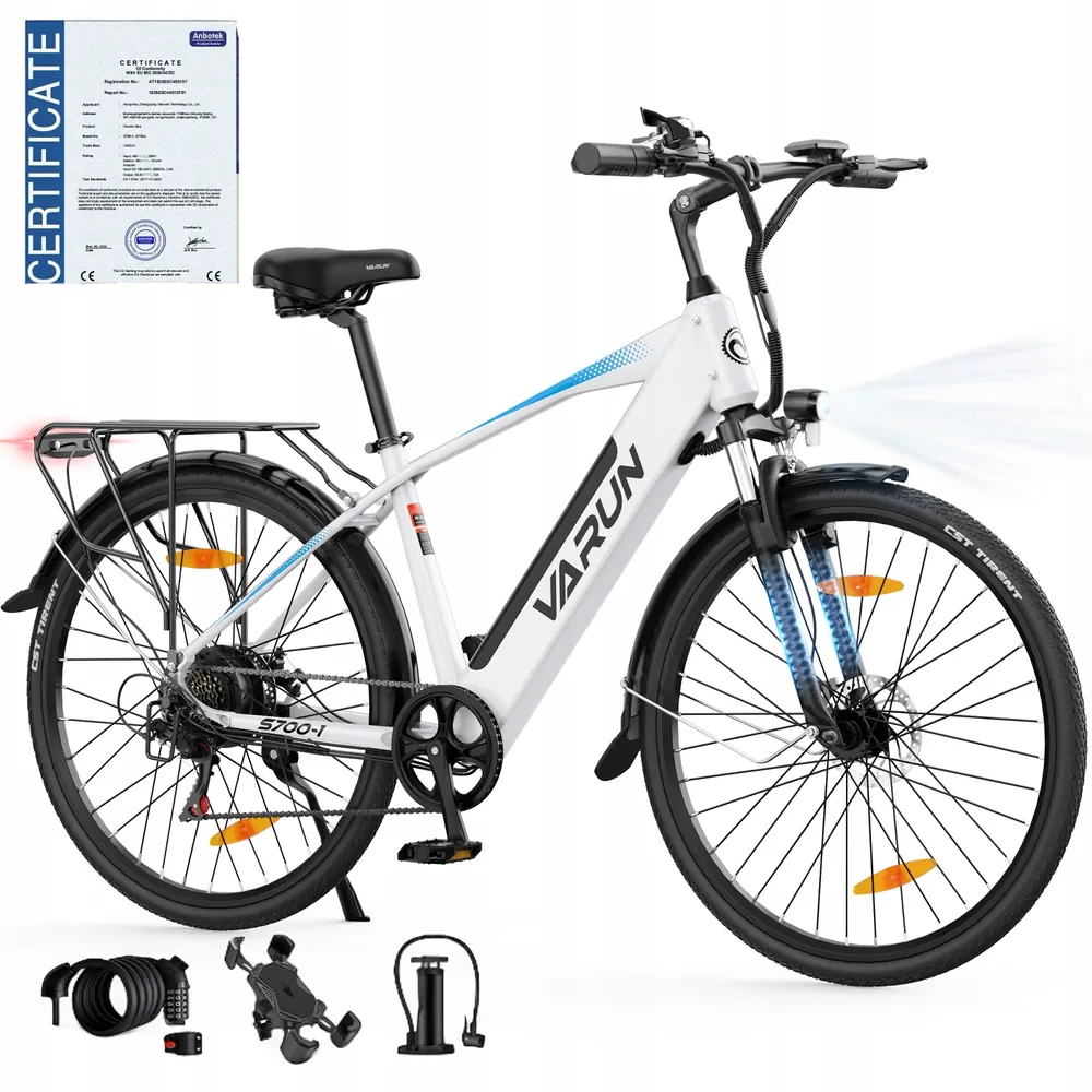 Varun S700-1 white electric city bike, 250W motor, 45km range, 28-inch wheels.