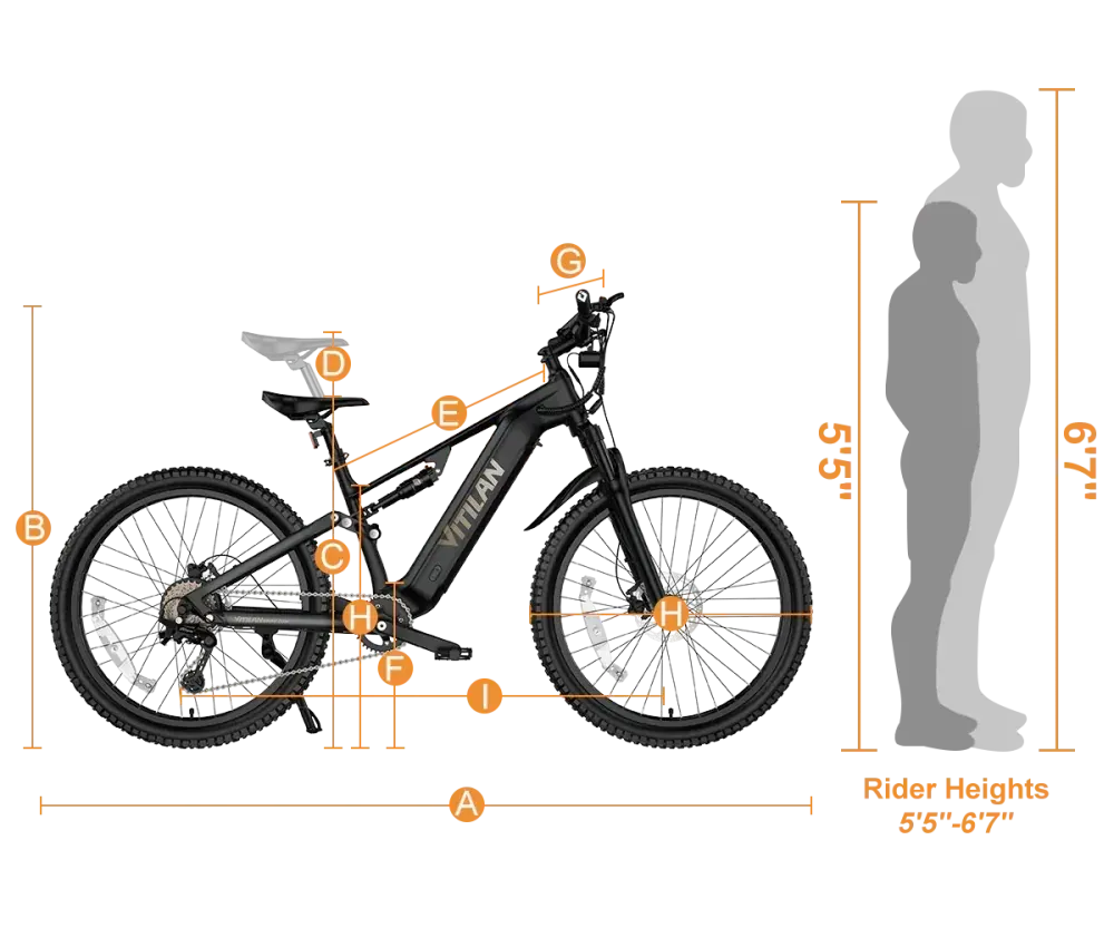 Vitilan M5 full suspension mountain e-bike in black, full side view on a dirt trail.