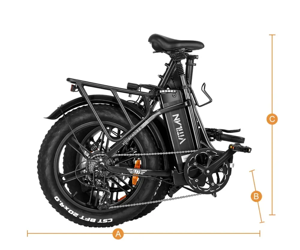 Close-up of the Vitilan U7 750W brushless hub motor on the rear wheel, with fat tire and fender visible.